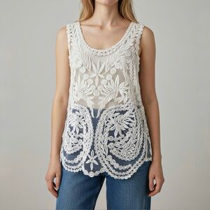 Boho Cream Lace Tank Top Sheer Embroidered Festival Y2K Fairycore Romantic Indie